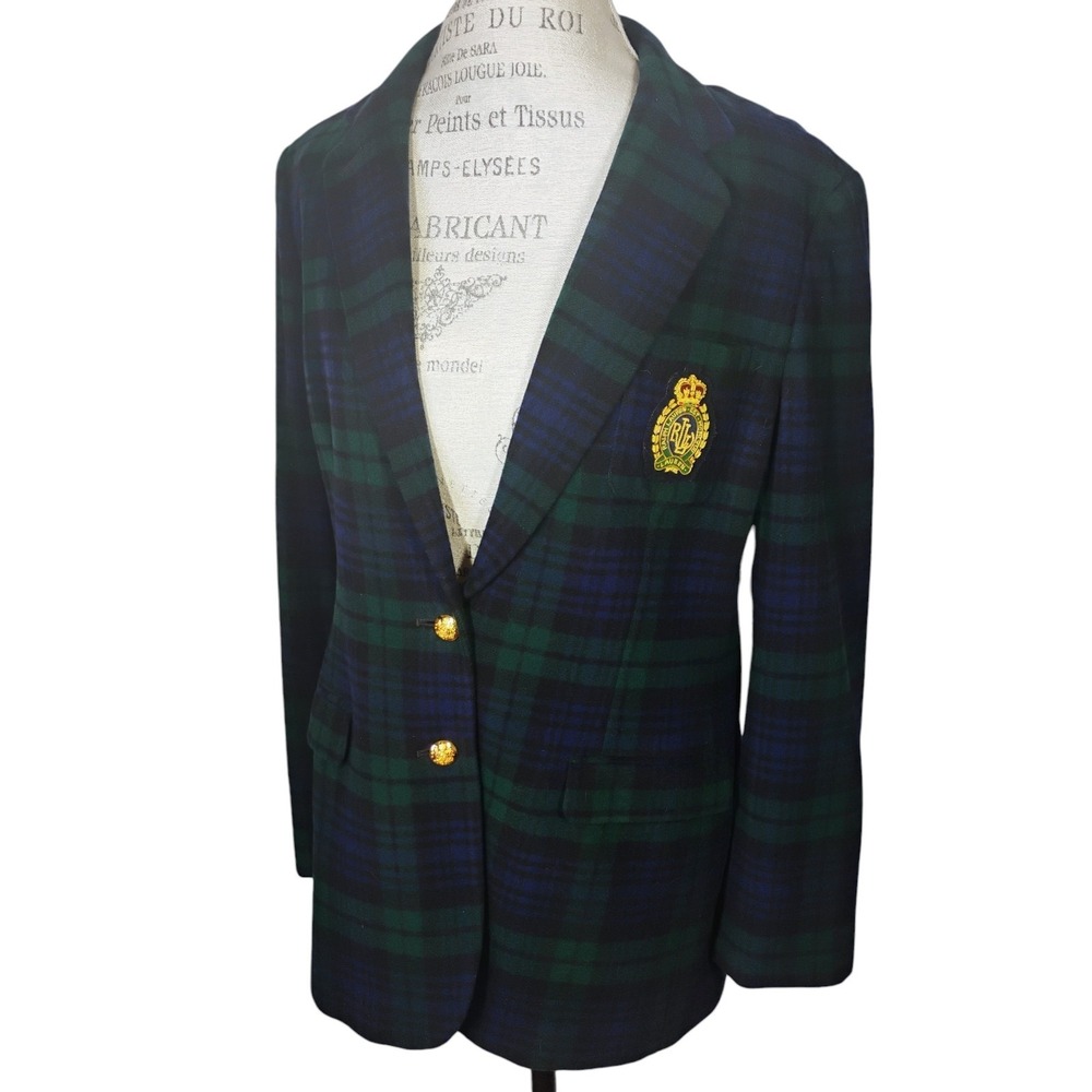 Vtg Lauren Ralph Lauren Plaid Buillion Crest Blazer Womens 14 Wool Cashmere
